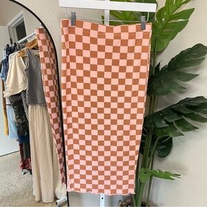 🏁 Pink & Brown Checkerboard Ribbed Midi Skirt Sz M | Lettuce Edge Hem